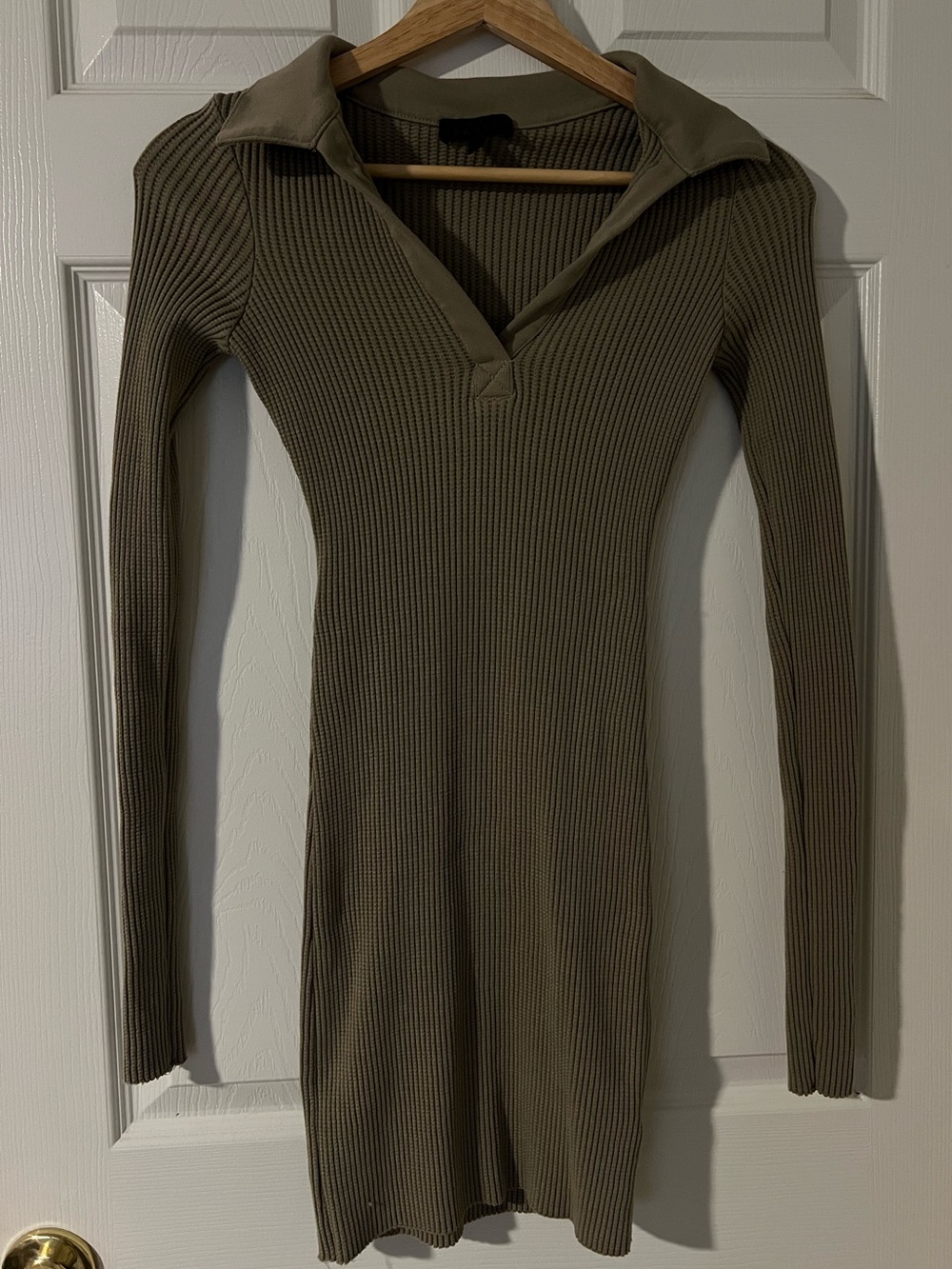 Ribbed Long Sleeve Polo Knit Dress — Olive Green